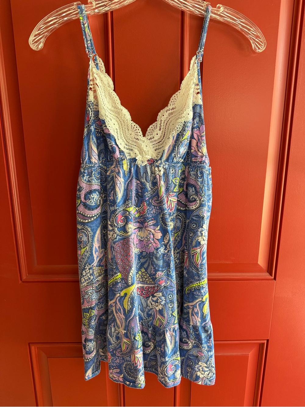 Y2K Victoria Secrets Blue Paisley Lace-Trim Chemise lingerie.